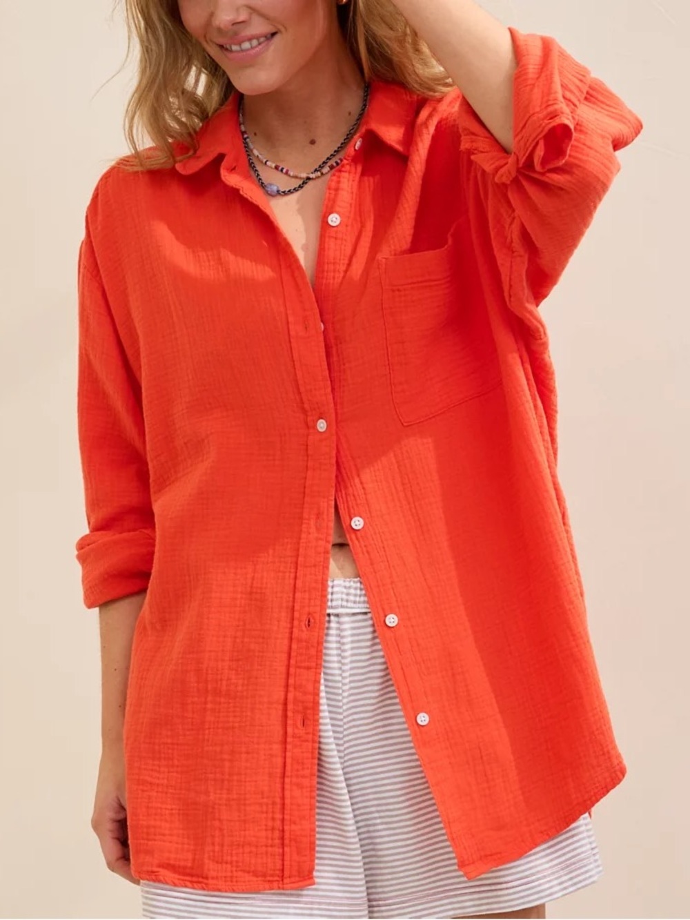 aerie Orange Cotton Gauze Button-Down Shirt/Swim Cover Up